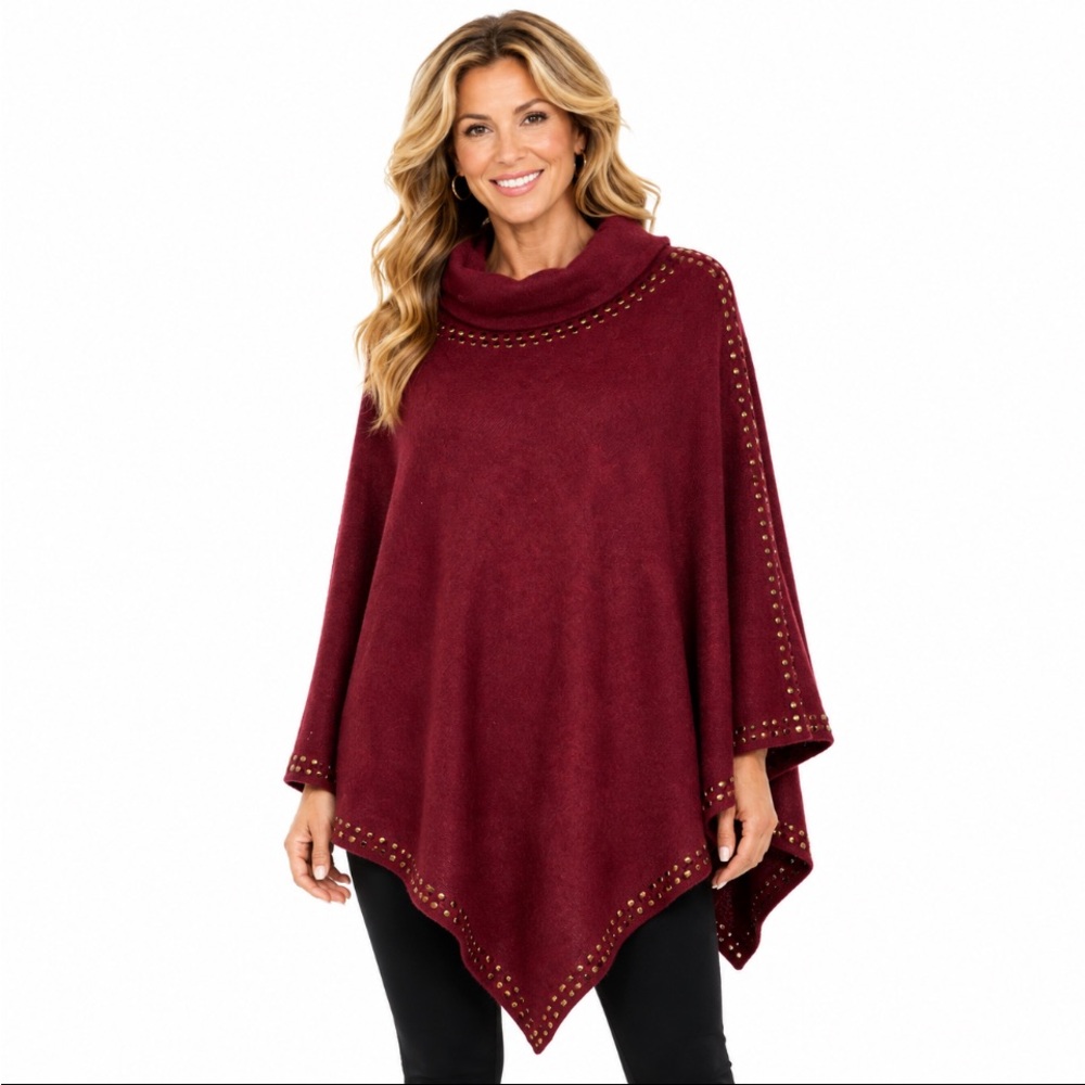 MAD STYLE Maroon Stud-Trim Poncho Sweater Size OSFM